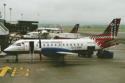 GLASGOW 15 MAY 2002 BRITISH AIRWAYS/LOGANAIR SAAB 340 G-LGNA BENYHONE TARTAN COLOURS | by simonbutler2