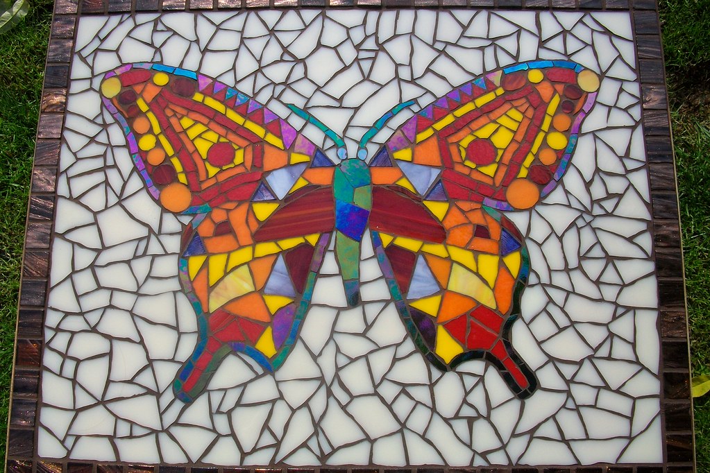 grouted butterfly mosaic coffee table. stained glass and g ...