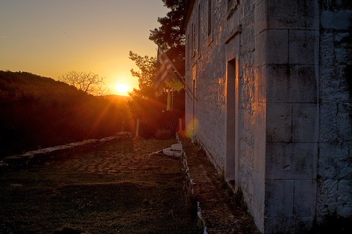 Sunset by Jackobo, trees sunset church time greece hdr loutro 28mmf28 photomatix valtos tonemapped photospecs amfilochi