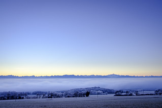 Frosty −5°C morning above the fog—just before sunrise—outside Mont-la-Ville