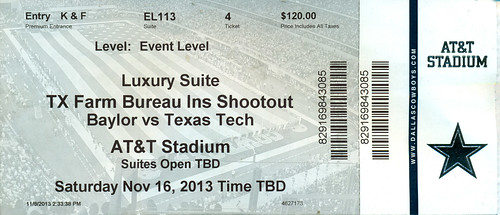 November 16, 2013, Baylor Bears vs Texas Tech Red Raiders, AT&T Stadium, Arlington, Texas - Ticket Stub