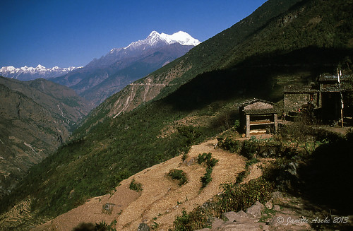 travel nepal mountains film trekking 35mm river asia hiking 1988 terraces slide snowcapped huts valley fields fujifilm scannedslide langtang bokajhunda trisuliganga