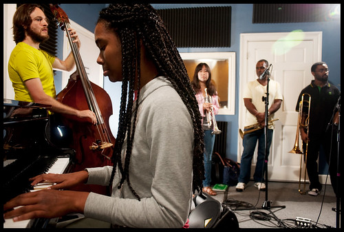 The Armstrong Jazz Camp Kids play in the Cuttin' Class series: Tassion Minor on piano, with Jonathan Solomon on bass, Sakiki Murano on trumpet, Marlon Jordan on trumpet, and Kreshon McDowell on trombone.  Photo by Ryan Hodgson-Rigsbee (www.rhrphoto.com)