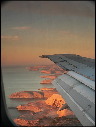 africa morning blue sky orange lake monument water stone clouds sunrise landscape shadows egypt historic planewindow overhead airscape windowshot abusimbel airplaneview scaredplace