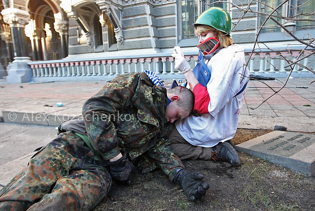 Victim after police attack. Kiev, Ukraine, street Institutskaya, 18.02.2014