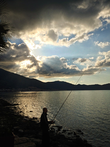Fishing in Fethiye by VillaRhapsody, sunset sea sky man silhouette coast town fishing mediterranean fethiye