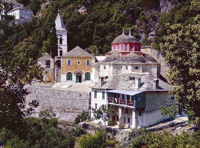 Skiti clings to the mountainside, Mount Athos, Greece