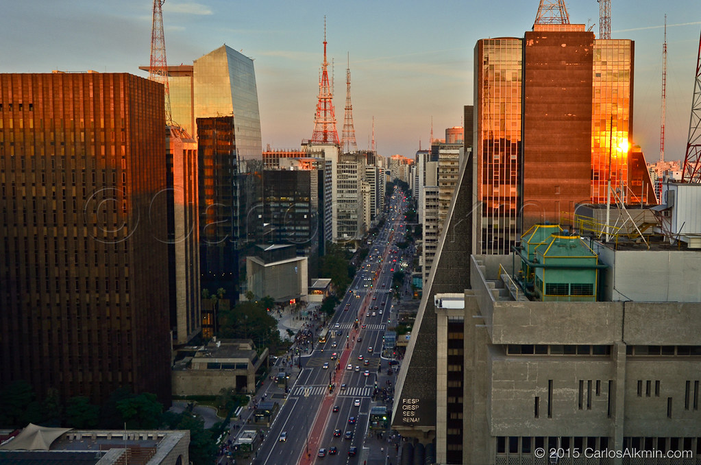 Paulista Avenue at dusk, with its new bicycle path - Sao Paulo - Brazil