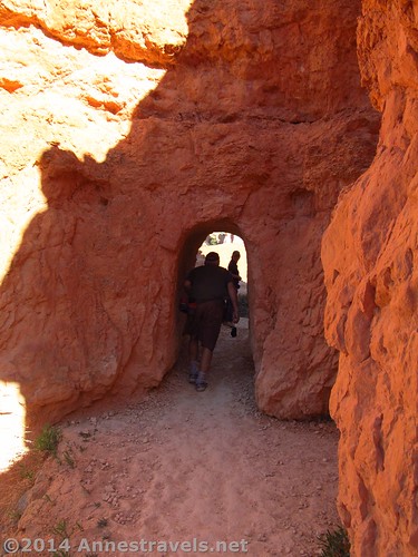 Squeezing through a tunnel on the Queen's Garden Trail, Bryce Canyon National Park, Utah