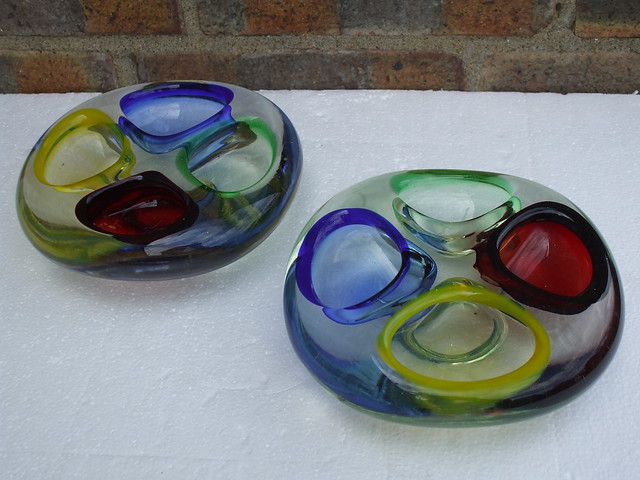Two 1970's Retro 4 Colour Murano Glass Bowls Mid Century Modern