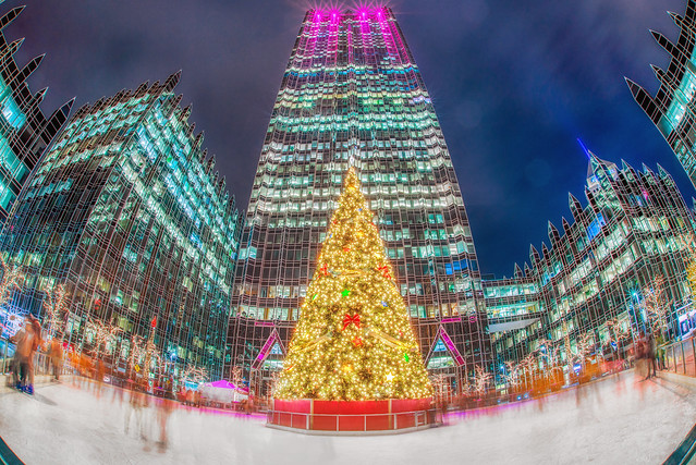 Straight on fisheye view of the Christmas tree and PPG Place in Pittsburgh HDR