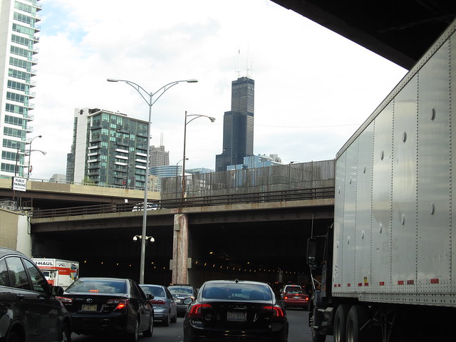 Willis Tower and Downtown Chicago from Kennedy Expressway, I-90 and I-94 Eastbound, Chicago, Illinois