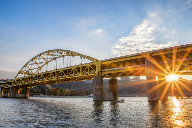 The sun flares through the Ft. Duquesne Bridge in Pittsburgh HDR