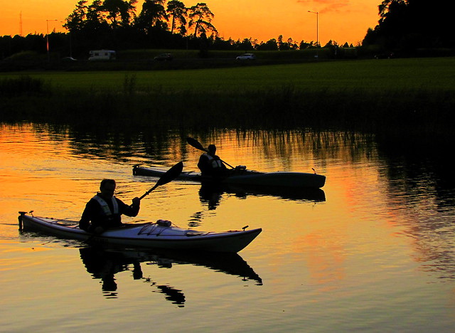canoes in sunset