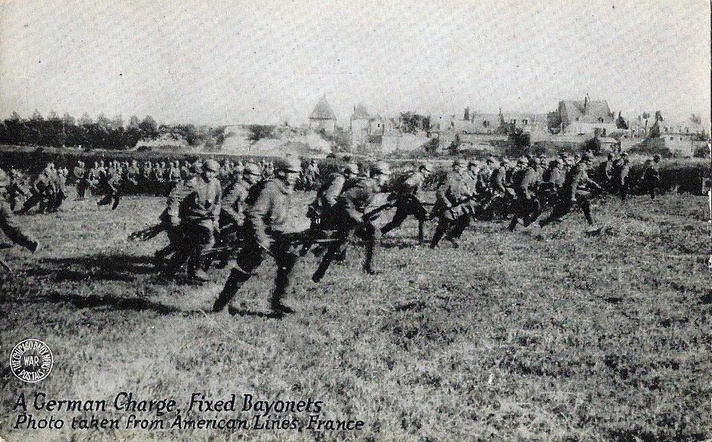 Vintage World War I Post Card, The Chicago Daily News War Postals, G. J. Kavanaugh, War Postal Department - A German Charge, Fixed Bayonets, Photo taken from American Lines, France