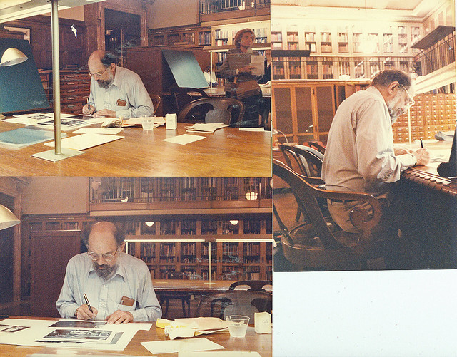 Allen Ginsberg inscribing some of his photographs with haikus.  Prints & Photographs, The New York Public Library. 1985.