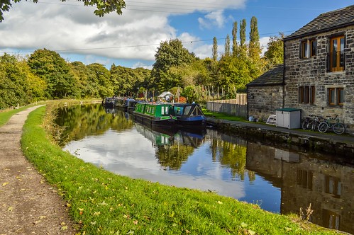 house reflection tree water grass bike clouds liverpool canal path yorkshire leeds tow barge greengates