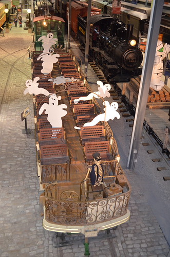 Aerial view of a ghostly streetcar by Michael Berry Railfan, Halloween at Exporail. This is one of 2 Golden Chariot streetcars in their collection.halloween queb