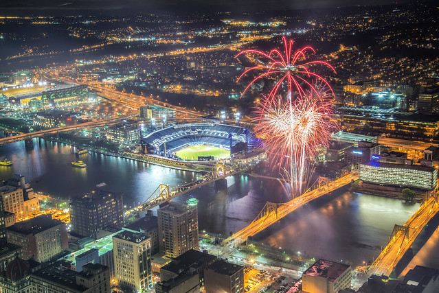 Close up of PNC Park and the fireworks on Light up Night 2013 in Pittsburgh from the roof of the Steel Building