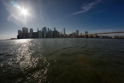 city nyc bridge blue sky urban usa brown sun sunlight white distortion newyork color colour green water sunshine june skyline brooklyn clouds buildings reflections river skyscape lens landscape star cityscape skyscrapers manhattan space air brooklynheights sunny wideangle fresh fisheye brooklynbridge promenade eastriver flare ripples distance 8mm ultrawide flares pse topaz lightroom deformation metrotech riverscape samyang maistora nyc14