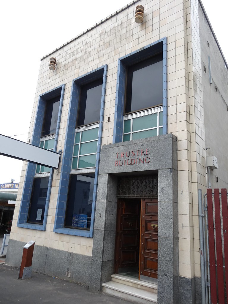 Mt Gambier. The Executor Trustee building in Mt Gambier. Architect designed in 1958 with blue and grey tiles. A classic 1950s modern structure.