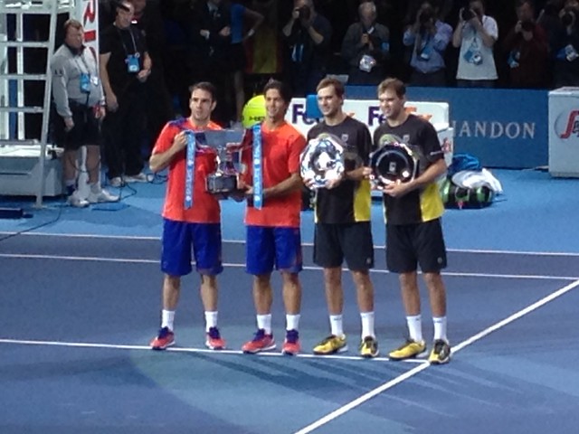 Bob and Mike Bryan, runners up at the ATP World Tour Finals Doubles 2013, and champions Fernando Verdasco and David Marrero