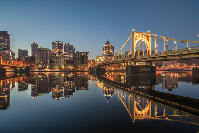 The Roberto Clemente Bridge glows in the morning HDR