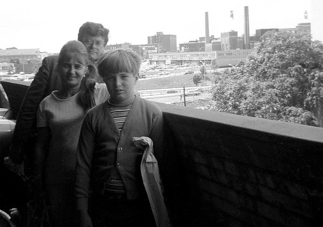 Dad, my aunt from L.A. and her son at the Temple Street parking garage looking toward Yale-New Haven Hospital in the background. We had just finished a shopping trip to Macy's and Malley's downtown. New Haven Connecticut. July 1972