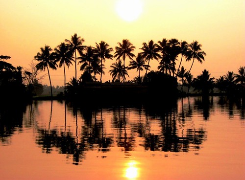 sun india reflection sunrise river palms houseboat kerala palm palmtrees tropical backwaters backwater alleppey kumarakom