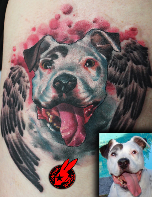 Pitbull Dog Portrait Tattoo by Jackie Rabbit