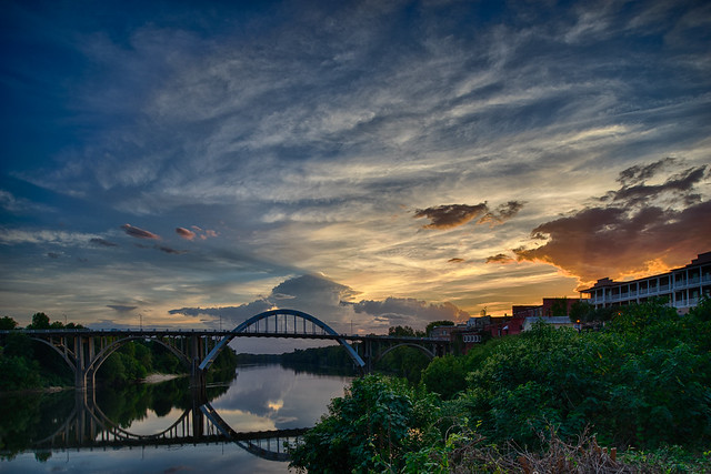 Sunset over the Alabama River and the Edmund Pettus Bridge in Selma.