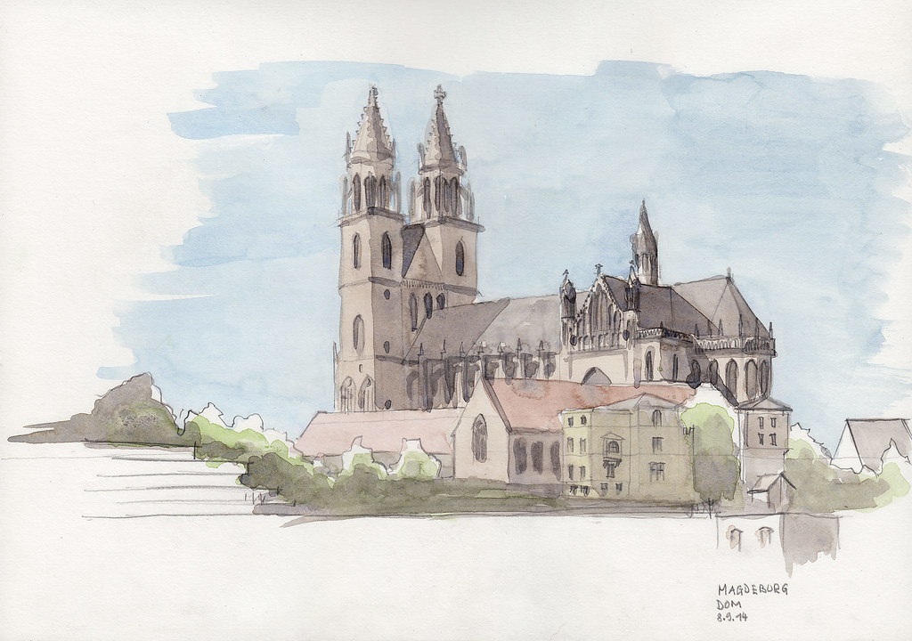 watercolor, cathedral, dom, gothic, kathedrale, magdeburg, elbe, pencilsket...