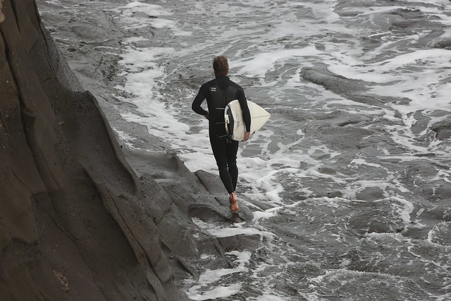Surfer on Flat Rock Muriwai New Zealand