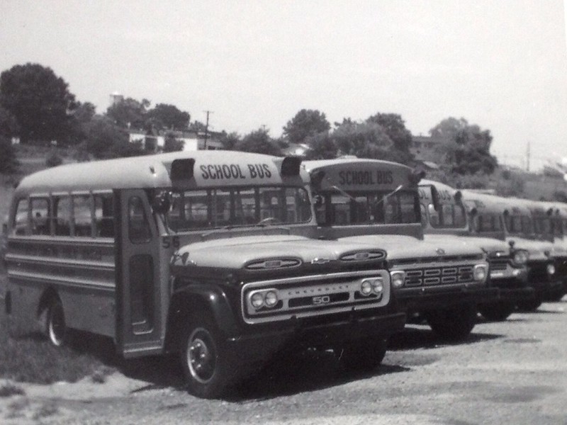 Vintage photo of North Carolina School Buses.  1961 Blue Bird Chevrolet, 1964 Thomas Ford. Statesville, NC