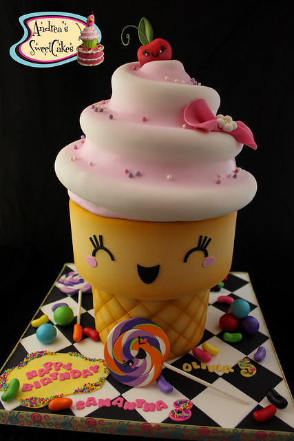Kawaii inspired jumbo ice cream cone cake