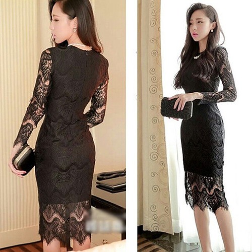  Jual  Baju  Wanita Korea  Import  Black Long Sleeved Lace Slim 