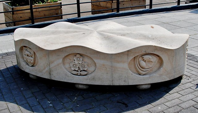 Gloucester, Kings Square - badges on the Rugby World Cup 2015 commemorative stone bench