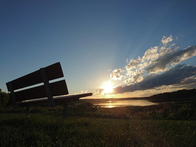 Sunset over a bench by the Mohawk River - September 27, 2016 - Colonie, NY