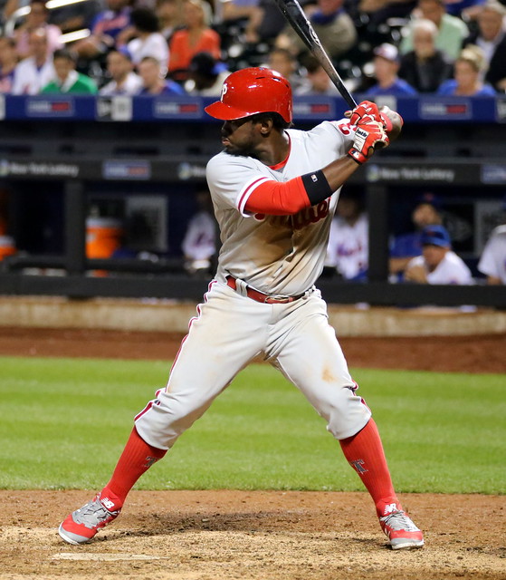 The Phillies' Odubel Herrera awaits a pitch in the 11th inning.