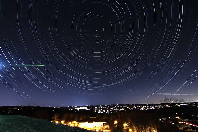 Another amazing startrail photo-shoot from the top mountain on 45 Murphy Road, city of Prospect looking towards  the night sky above Waterbury city.