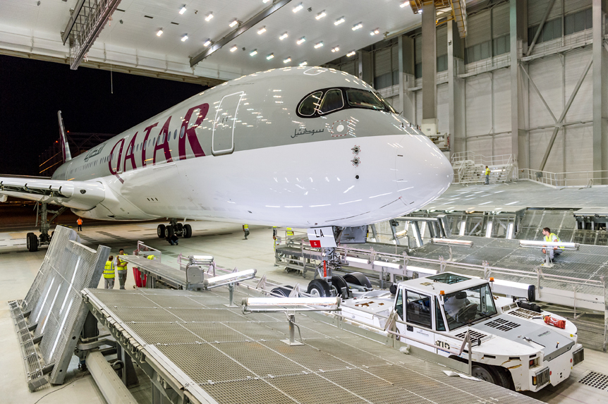 Qatar Airways’ freshly painted Airbus A350 XWB on the factory lines in Toulouse, France.