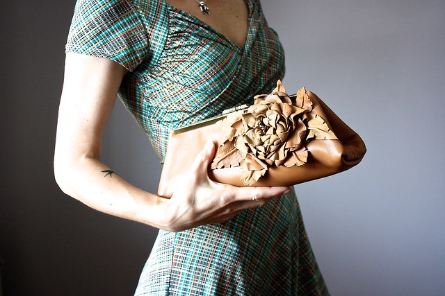 Leather clutch with floral embellishment , clutch purse, TAN leather purse, leather bag, leather handbag, Italian lambskin