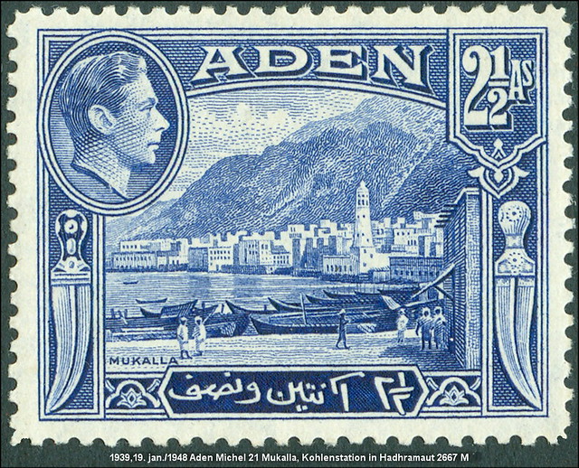 MiNr. 21 1939, 19. jan./1948 Aden Michel 21 Mukalla, Kohlenstation in Hadhramaut 2667 M Hafenstadt mit Umland im Südwesten der Arabischen Halbinsel