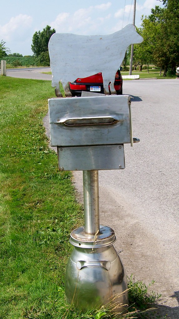 Mailbox with cow silhouette, milk can base