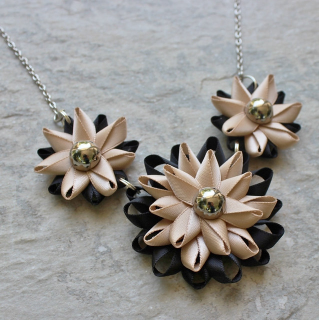Beige and Black Necklace, Black and Beige Necklace, Black and Tan Wedding, Black and Champagne, Beige Statement Necklace, Flower Necklace