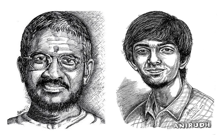 ILAIYARAJA and ANIRUDH Music Directors Portrait in my Pen drawing by  Artist Anikartick,Chennai,Tamil Nadu,India - Copy