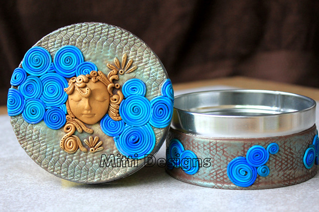 Dreaming blue - box open- polymer clay tin / box