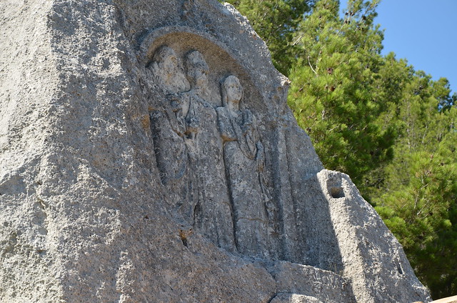 Les Trémaïé, bas-relief carved out from rock-cut hill depicting three Roman characters, it may represent Caius Marius and his wife Julia