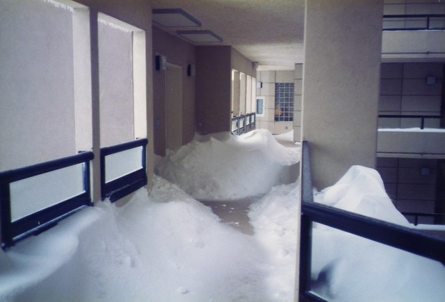 Seven stories up in a condo in Songhees, open halls filled with snow. Photo Kevin Lintern