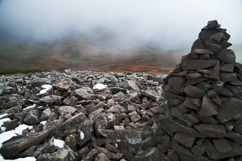 mountain snow rock fog autumnleaves cairn coloredleaves